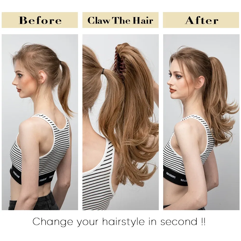 Color: P4/24, Stretched Length: 14inches - Synthetic Claw Clip In Ponytail Hair Extensions 14 Inch Wavy Hairpiece Fake Blonde Black Hair False Pigtail With Elastic Band