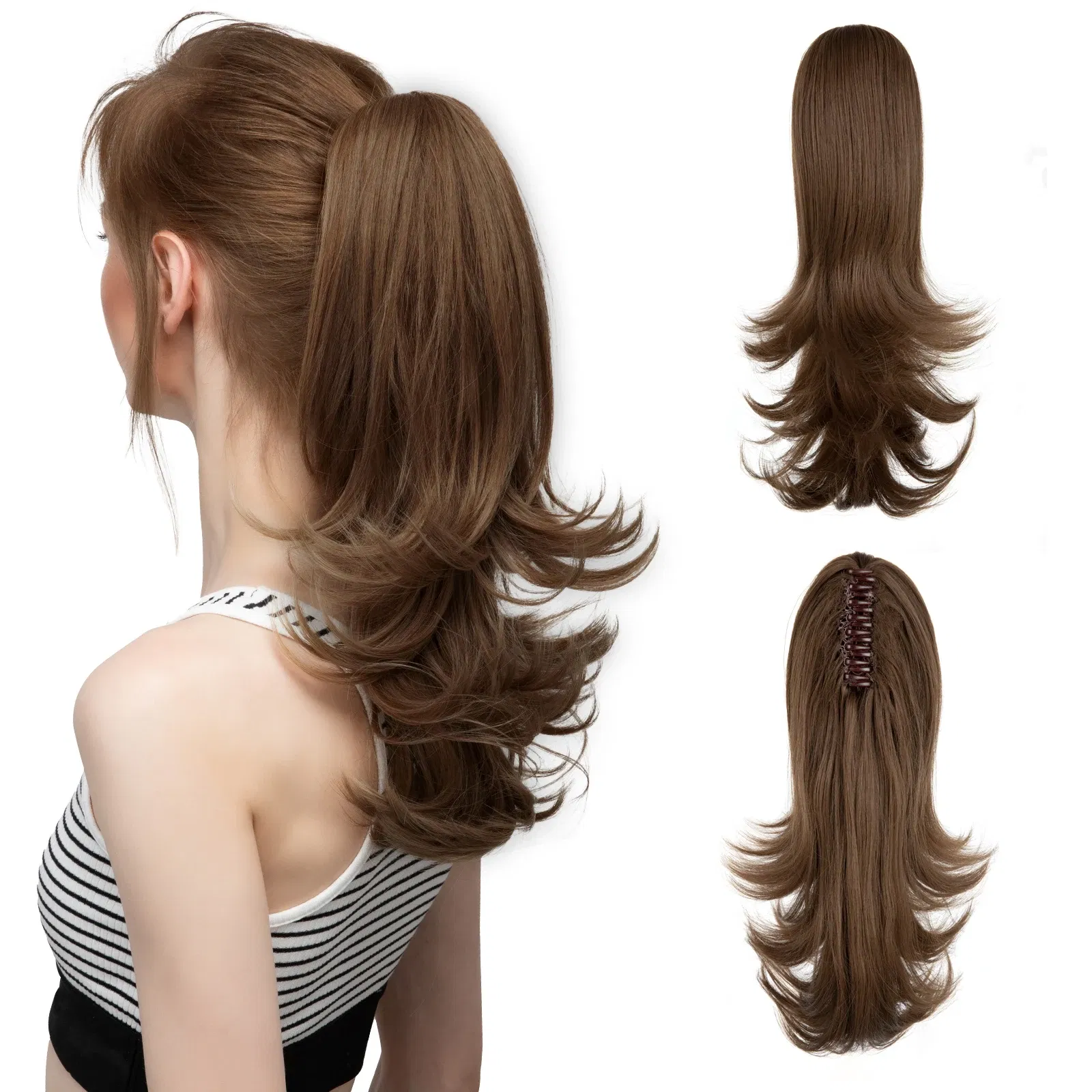 Color: P4/24, Stretched Length: 14inches - Synthetic Claw Clip In Ponytail Hair Extensions 14 Inch Wavy Hairpiece Fake Blonde Black Hair False Pigtail With Elastic Band