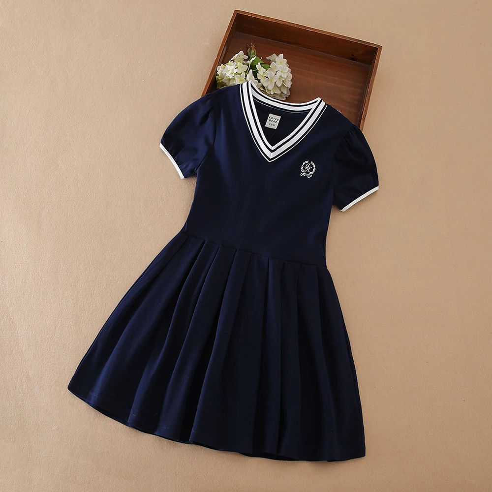 Color: Blue, Kid US Size: 10T - Girls' White Summer Dress V-Neck Polo Pleated Dress for School 5-12 Years Girls Clothing