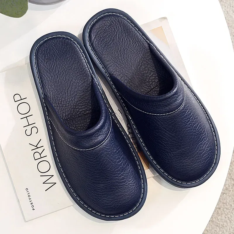 Color: army green, Shoe Size: 8.5 - Mens Bedroom Leather Slippers Unisex Black Home Shoes Big Size 47 48 Man's Slippers Indoor Comfy Males Slides Family Flats Shoes