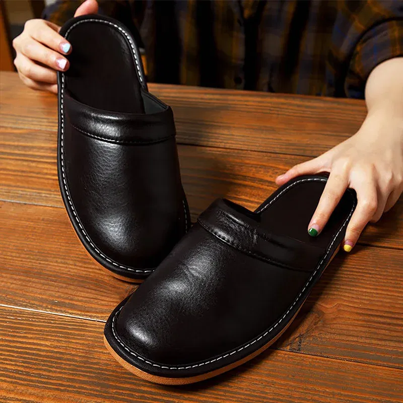 Color: Clear, Shoe Size: 10 - Mens Bedroom Leather Slippers Unisex Black Home Shoes Big Size 47 48 Man's Slippers Indoor Comfy Males Slides Family Flats Shoes