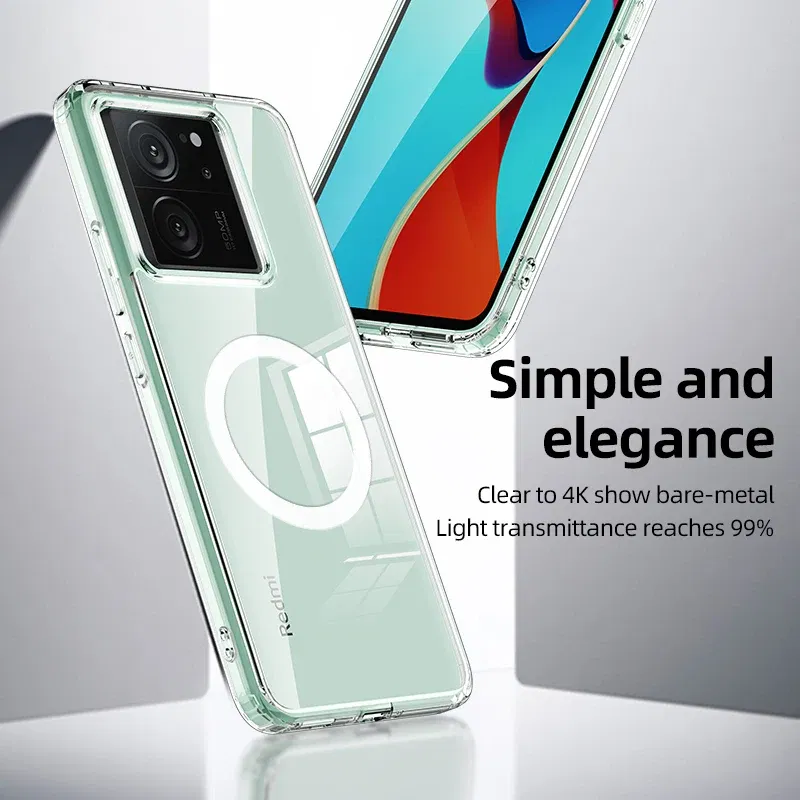 Color: Clear, Material: aluminum - Matte & Clear Magnetic Wireless Charging Armor Magsafe Case For Xiaomi 14 13T Mi 13T 14 Mi13T Pro Military Shockproof Back Cover