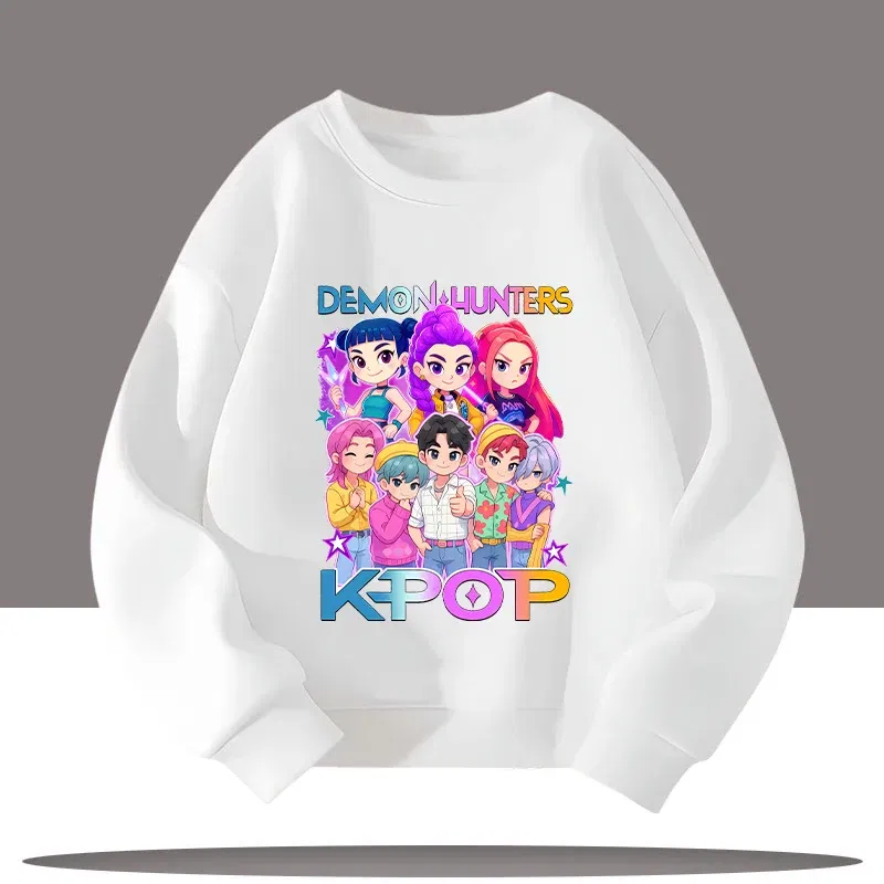 Color: GRAY, Kid Size: 9 - K-pop Demon Hunters Cartoon Print 3-12 Year Old New Style Kids Round-neck Sport Shirt Cute Girl Casual Top Children's Clothing