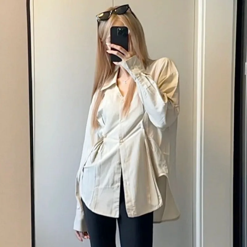 Color: Beige, Size: L - OL Shirts Women Slim Irregular Hem Design Single Breasted Design New Long Sleeve Tops Korean Trendy Simple All-match Temperament