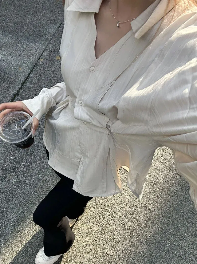 Color: Beige, Size: L - OL Shirts Women Slim Irregular Hem Design Single Breasted Design New Long Sleeve Tops Korean Trendy Simple All-match Temperament