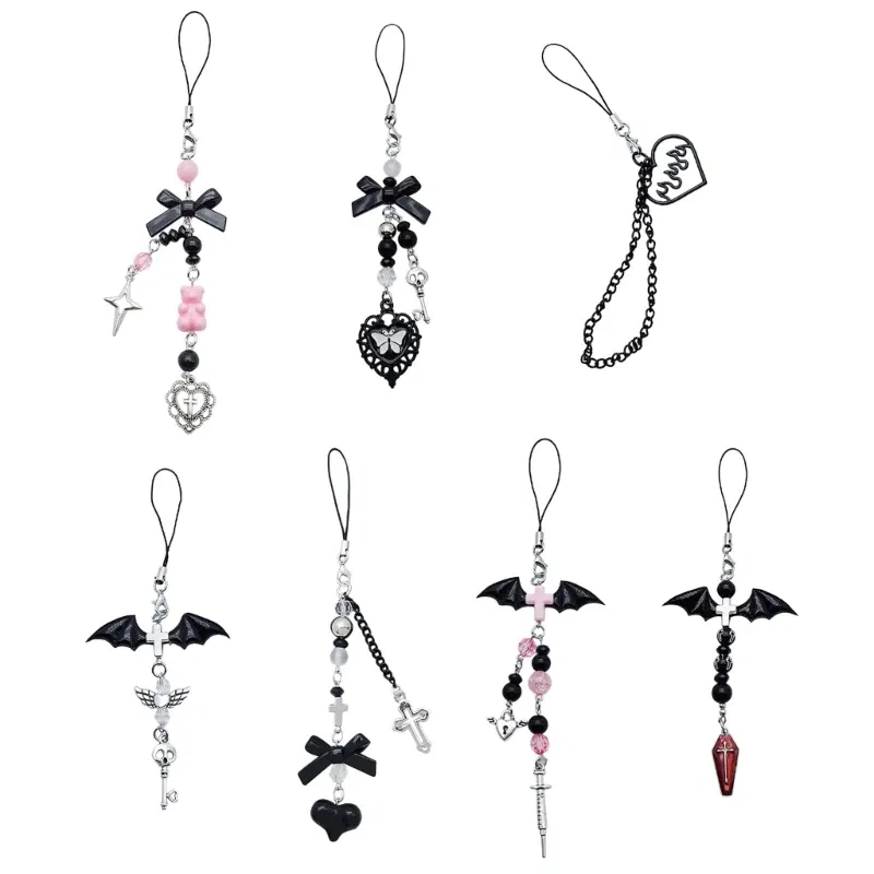 Color: Yellow - Goth Y2K Phone Charm Pendant Kawaii-Key Chain For Bag Cute Accessory Women Guitar Strap Lanyard Beaded Keychain Pendant