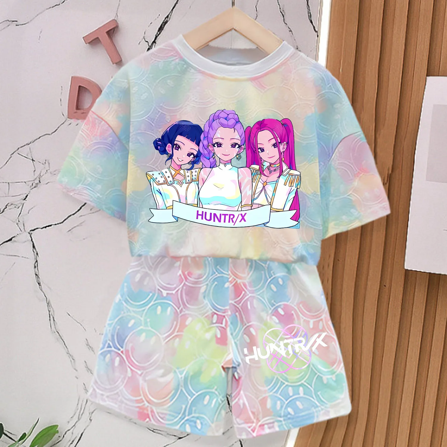 Color: GRAY, Size: M - KPop Demon Hunters New T-shirt Pants Set Girls Summer Clothing Kawaii Smile Face Short Sleeve Outfits Kids Tee Top Pajamas Gift