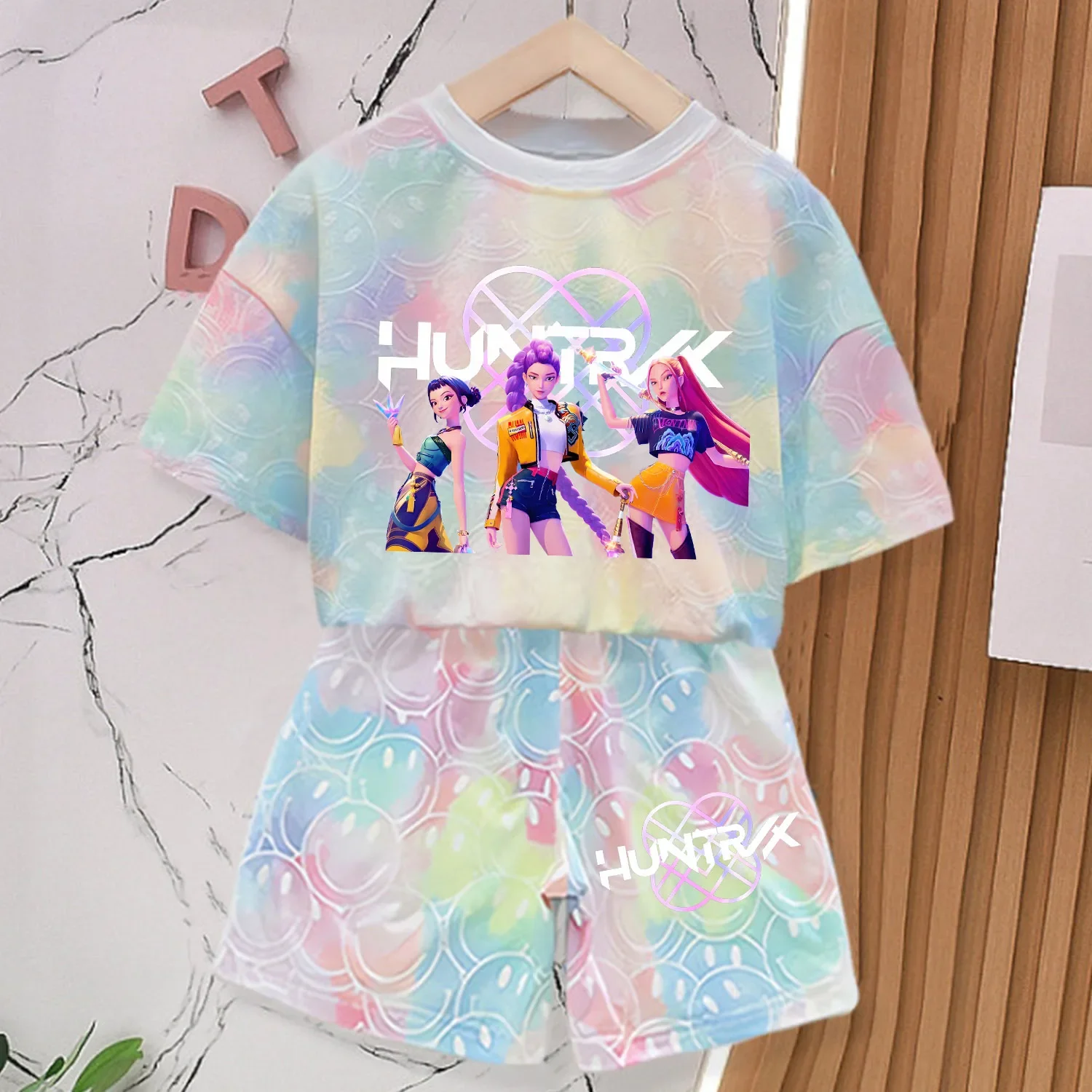Color: GRAY, Size: M - KPop Demon Hunters New T-shirt Pants Set Girls Summer Clothing Kawaii Smile Face Short Sleeve Outfits Kids Tee Top Pajamas Gift