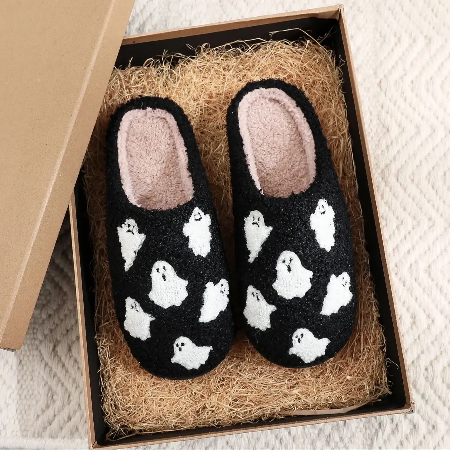 Color: black, Shoe Size: 44 - Halloween Ghost Pattern Black Cotton Slippers Non-slip Thick Sole Lightweight stuffed Slippers Holiday Gift