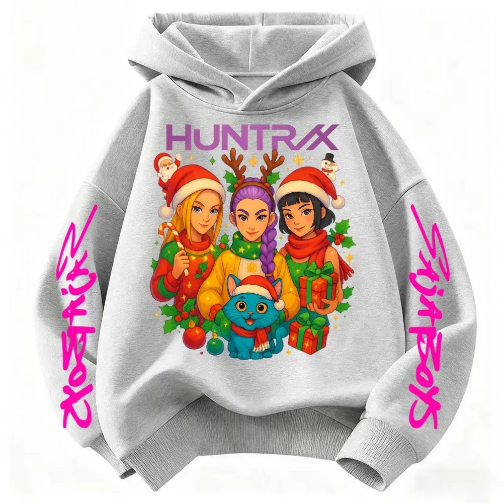 Color: Dark Grey, Kid Size: 4T - KPop Demon Hunters Christmas Hoodie Girls Fashion Casual Sweatshirt Movie Kids K-Pop Demon Hunters Hooded Tops