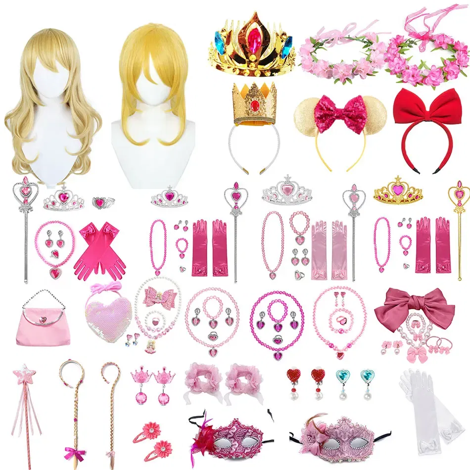 Color: WHITE - Baby Girls Accessories Princess Peach Accessory Children Pink Headband Crown Wig Necklace Party Aurora Cosplay Dress Up Outfits