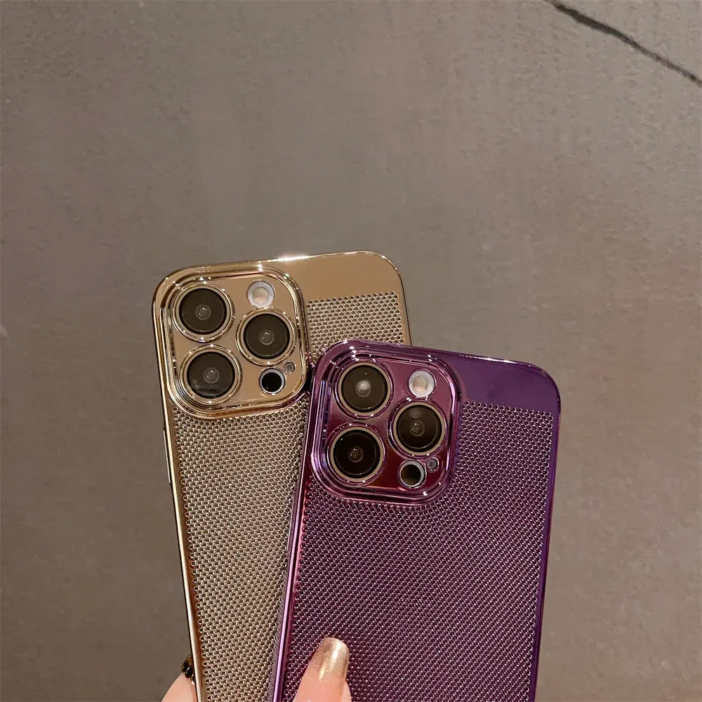 Color: Green, Material: tpu - Luxury Plating Hollowed Out Case for iPhone 12 13 Mini 11 14 Pro Max X XR Xs Max 7 8 Plus Heat Dissipation Shockproof Lens Cover