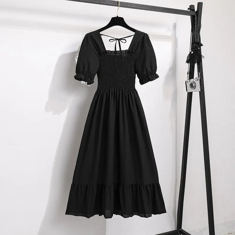 Color: Light Grey, Size: One Size - Spring Summer Chiffon Dresses Fashion Female Elastic Waist Short Sleeve Pleated Casual Dress Women A-line Dresses Vestidos