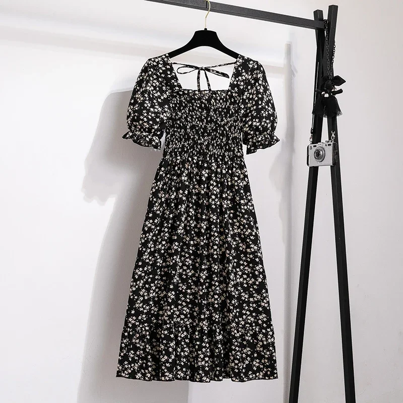 Color: Light Grey, Size: One Size - Spring Summer Chiffon Dresses Fashion Female Elastic Waist Short Sleeve Pleated Casual Dress Women A-line Dresses Vestidos
