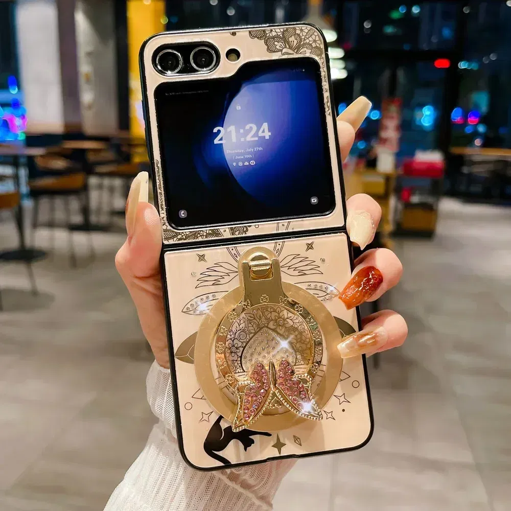 Material: ABS, Color: Gold - For Samsung Galaxy Z Flip 5 4 3 5G MagSafe Magnetic Phone Case Stand Holder Glitter Bling Diamond 3D Ring Cover For Z Flip5 4 5G