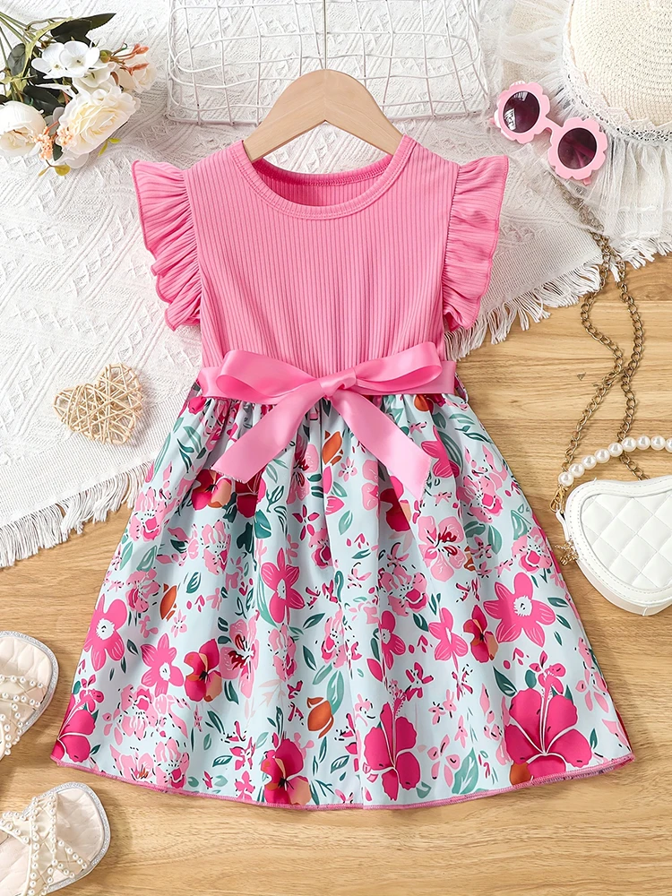 Color: Red, Kid Size: 3T - Sweet Girls Splicing Flower Print Flutter Trim Ribbed Belted Dress