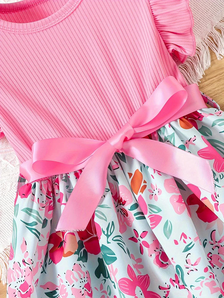 Color: Red, Kid Size: 3T - Sweet Girls Splicing Flower Print Flutter Trim Ribbed Belted Dress