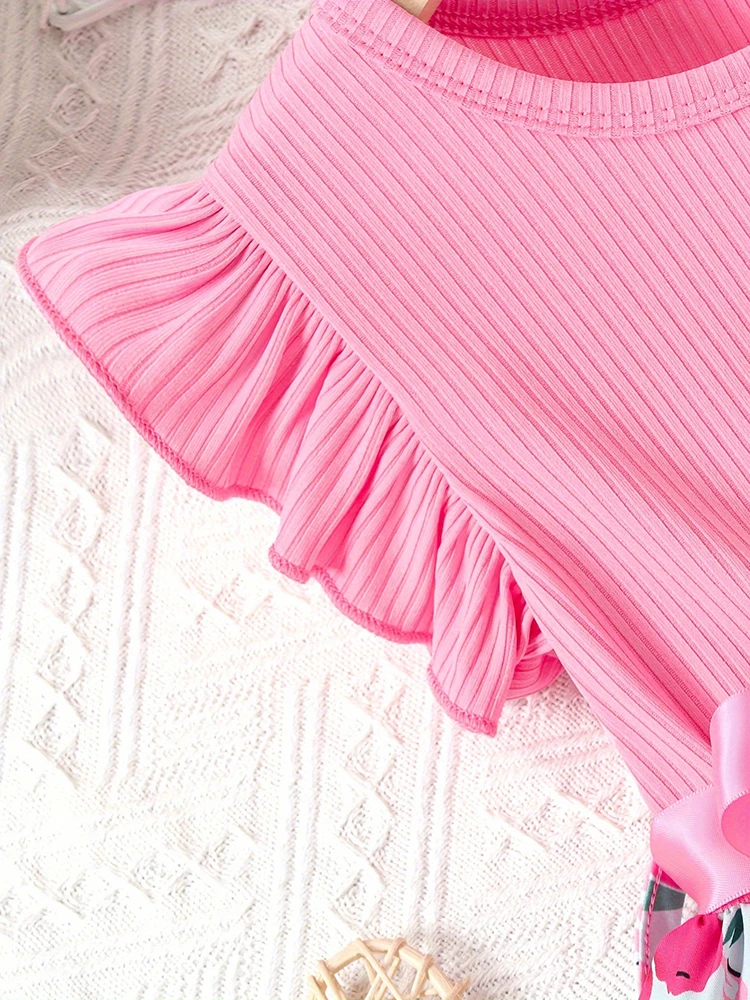 Color: Red, Kid Size: 3T - Sweet Girls Splicing Flower Print Flutter Trim Ribbed Belted Dress