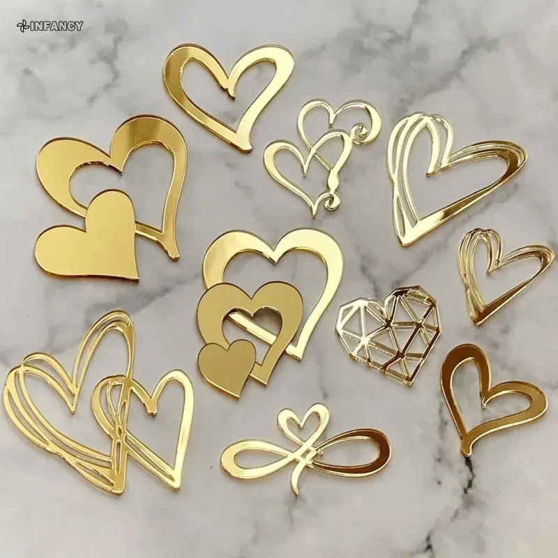 Color: champagne - 1Pcs Acrylic Cake Toppers Supplies Hearts Baking Dessert Flag Placard Decoration Proposal Anniversary Wedding Birthday Party