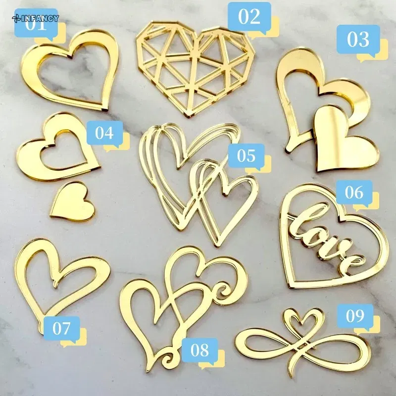 Color: champagne - 1Pcs Acrylic Cake Toppers Supplies Hearts Baking Dessert Flag Placard Decoration Proposal Anniversary Wedding Birthday Party