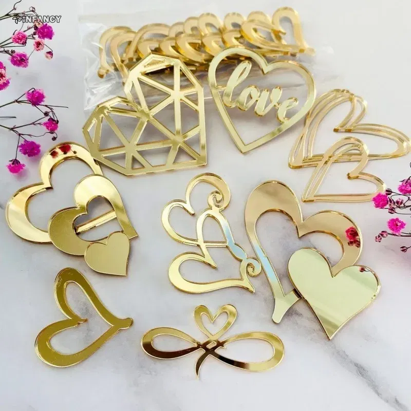 Color: champagne - 1Pcs Acrylic Cake Toppers Supplies Hearts Baking Dessert Flag Placard Decoration Proposal Anniversary Wedding Birthday Party