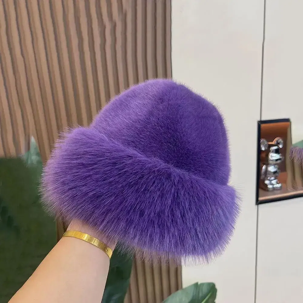 Color: Blue - New Fluffy Fur Women's Winter Hat Winter Snow Ski Cap Female Faux Fur Thick Warm Windproof Hat Russian Hat Mink Fisherman's Hat