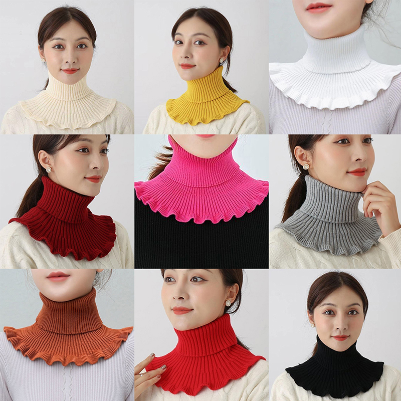 Color: Beige - Warm Knitted Collar Scarf Women Turtleneck Knitted False Fake Collar Detachable Scarf Warm Winter Windproof Wrap Scarf Ruffles