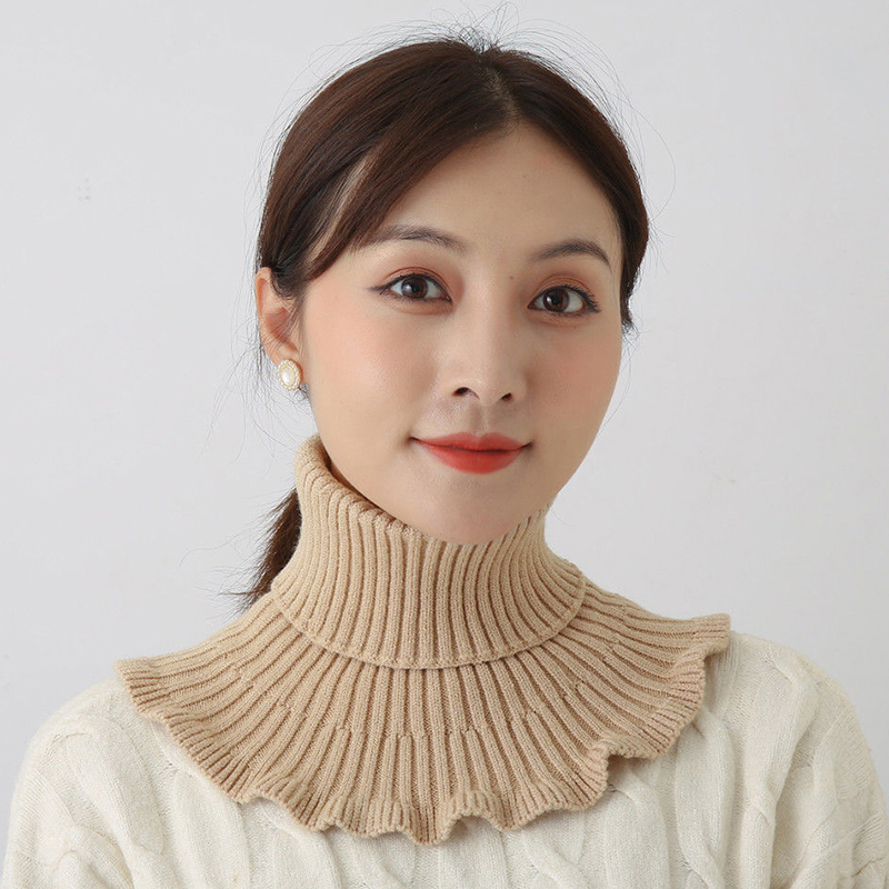 Color: Beige - Warm Knitted Collar Scarf Women Turtleneck Knitted False Fake Collar Detachable Scarf Warm Winter Windproof Wrap Scarf Ruffles