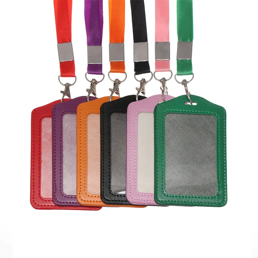 Color: Orange - Unisex Work Card Holders With Lanyard PU Bank Card Name Credit Card Holders Card Bus ID Holders Identity Badge With Neck Strap