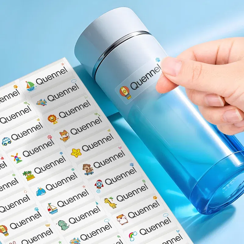 Color: plum, Size: 3cm - Custom Waterproof Transparent Name Stickers - Personalized Multilingual Labels for Kids School Supplies (Hebrew/English/Spanish)