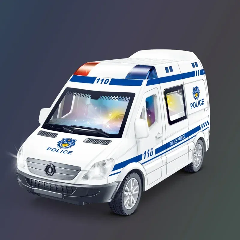 Color: black - 1:32 Mini Car Diecast Ambulance Fire-Truck Policecar Model Sound And Light Vehicle Simulation Collection Gifts Toys Boys