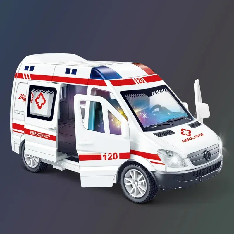 Color: black - 1:32 Mini Car Diecast Ambulance Fire-Truck Policecar Model Sound And Light Vehicle Simulation Collection Gifts Toys Boys