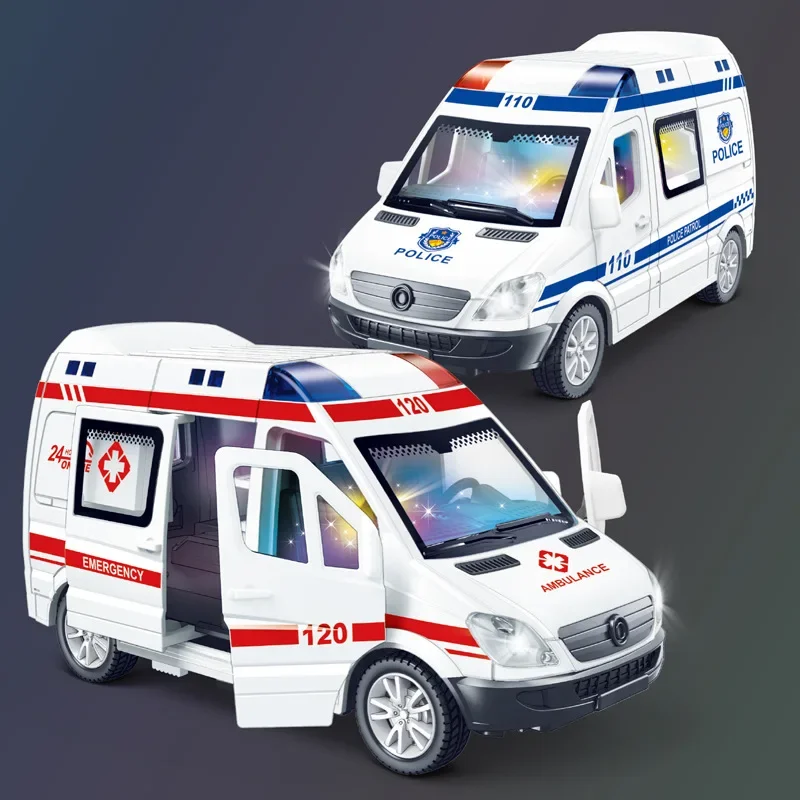 Color: black - 1:32 Mini Car Diecast Ambulance Fire-Truck Policecar Model Sound And Light Vehicle Simulation Collection Gifts Toys Boys
