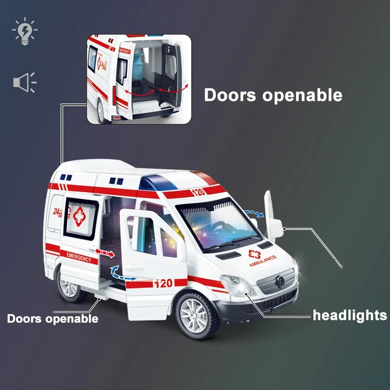 Color: black - 1:32 Mini Car Diecast Ambulance Fire-Truck Policecar Model Sound And Light Vehicle Simulation Collection Gifts Toys Boys