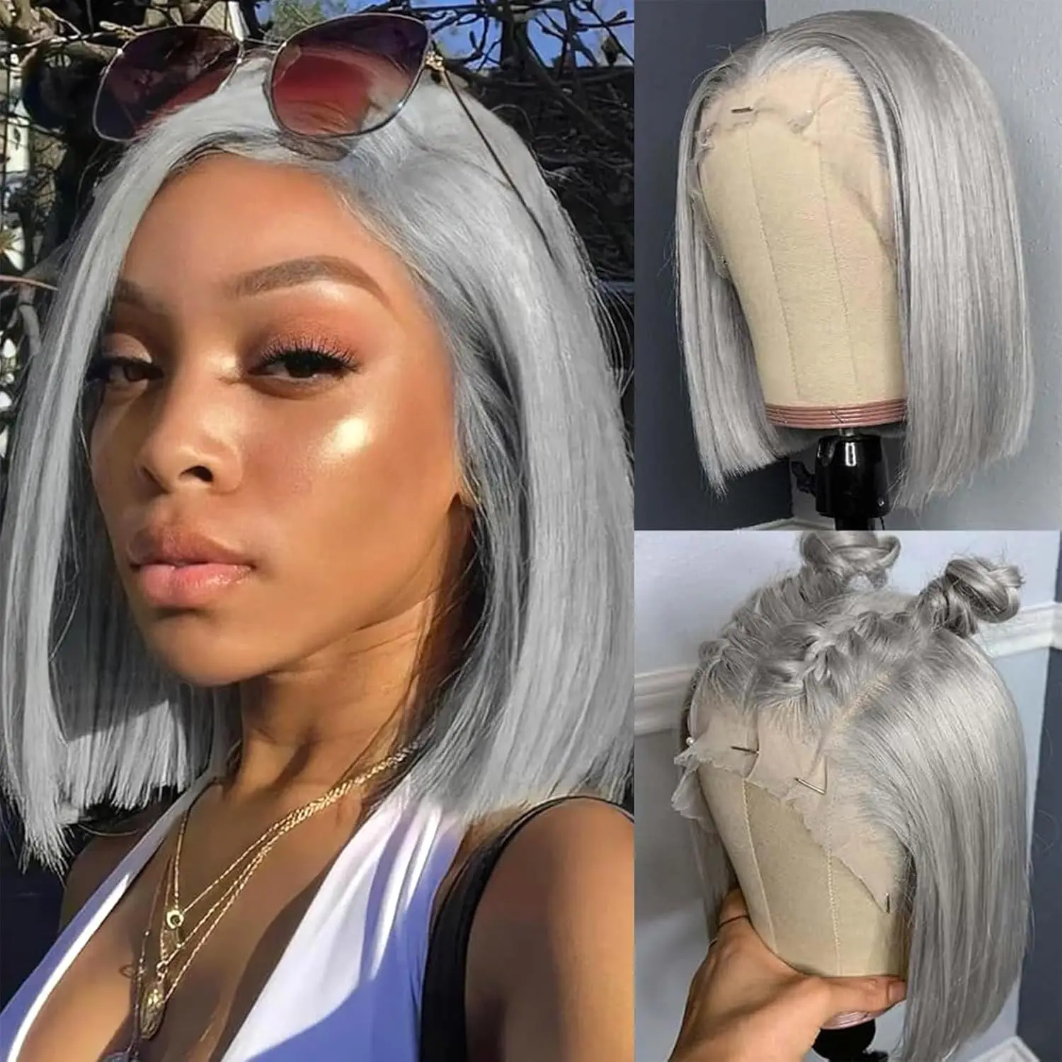 Hair Color: Grey, Stretched Length: 16inches, Density: 200% - Grey Straight Short Bob Wig Human Hair 13x4 Lace Front Frontal Wig 200 Density Sliver Gray Bob Lace Front Human Hair Wigs