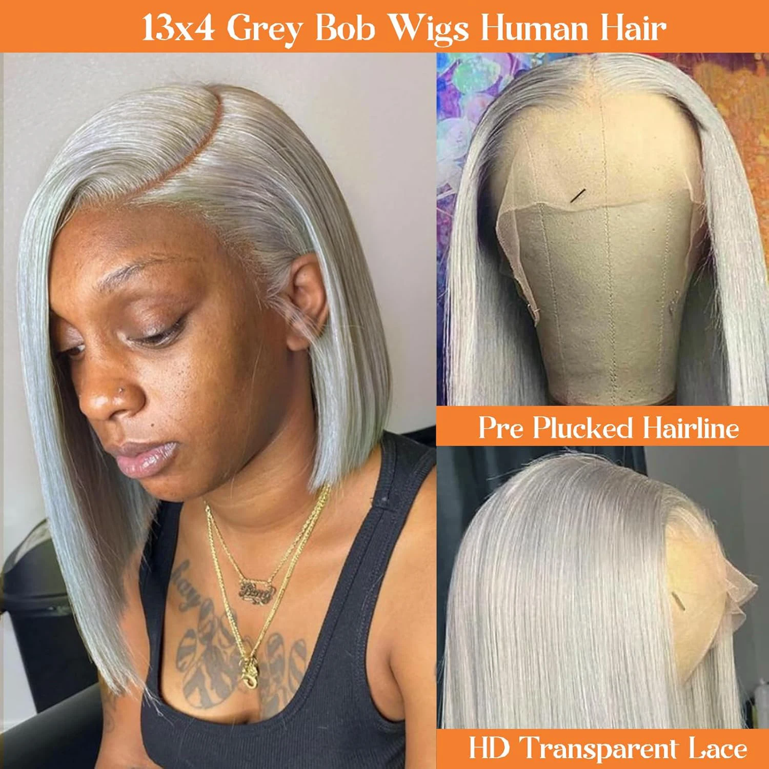 Hair Color: Grey, Stretched Length: 16inches, Density: 200% - Grey Straight Short Bob Wig Human Hair 13x4 Lace Front Frontal Wig 200 Density Sliver Gray Bob Lace Front Human Hair Wigs