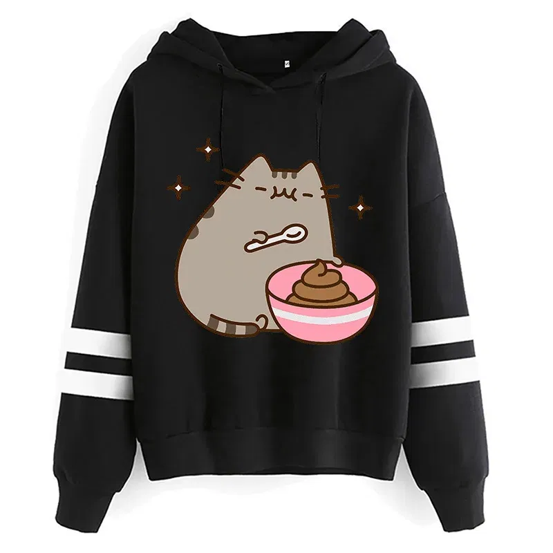 Color: RHODO, Size: XL - Women Ullzang Cute Cat Funny Cartoon Sweatshirt Pusheen Cat Kawaii Harajuku Korean Style Hoodies Graphic Fashion Hoody Female