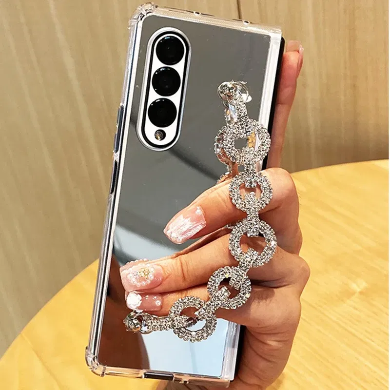 Color: Beige, Material: EVA - Luxury Rhinestone Bracelet Phone Cover For Samsung Galaxy Z Fold 6 5 4 3 Makeup Mirror Soft TPU Frame Shockproof Case For Woman