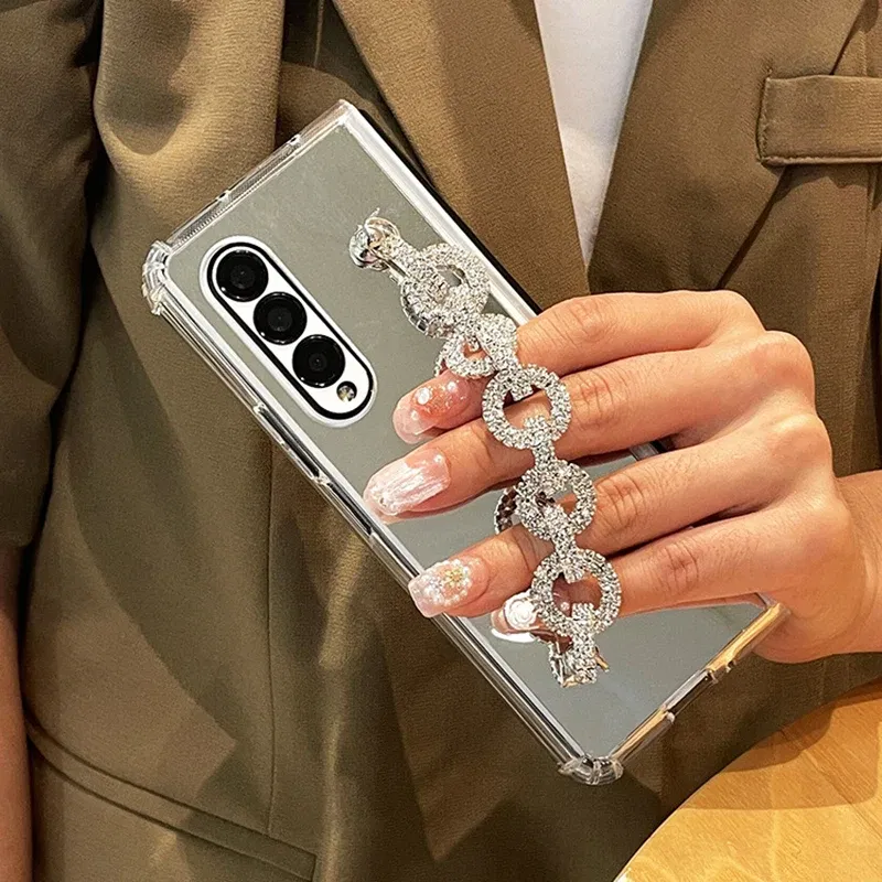 Color: Beige, Material: EVA - Luxury Rhinestone Bracelet Phone Cover For Samsung Galaxy Z Fold 6 5 4 3 Makeup Mirror Soft TPU Frame Shockproof Case For Woman