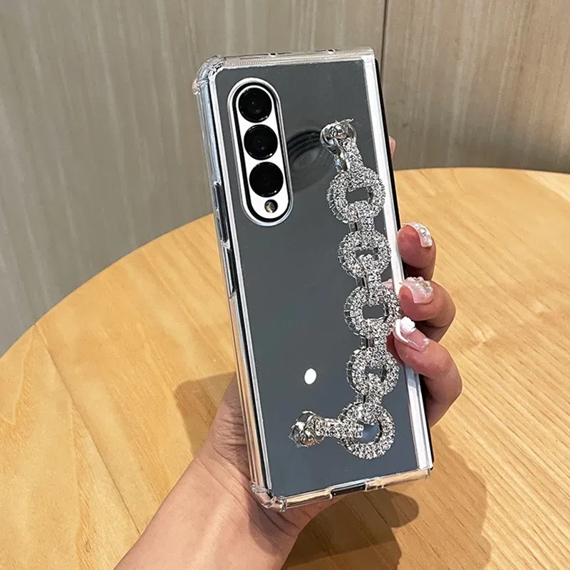 Color: Beige, Material: EVA - Luxury Rhinestone Bracelet Phone Cover For Samsung Galaxy Z Fold 6 5 4 3 Makeup Mirror Soft TPU Frame Shockproof Case For Woman