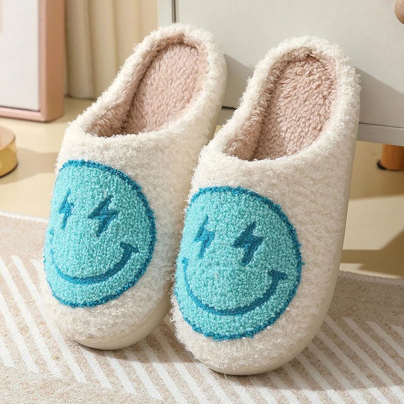 Color: WHITE, Shoe Size: 45 - Leopard Print Winter Slippers Women Lightning Smile Face Fluffy Fur Slippers Woman Indoor Anti-slip Furry Couple Cotton Slides