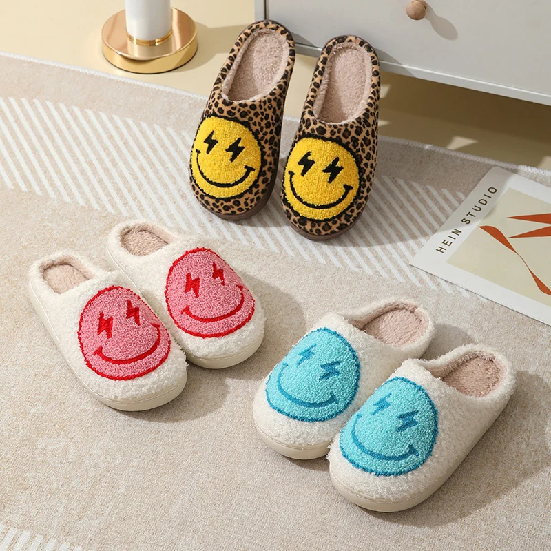 Color: WHITE, Shoe Size: 45 - Leopard Print Winter Slippers Women Lightning Smile Face Fluffy Fur Slippers Woman Indoor Anti-slip Furry Couple Cotton Slides