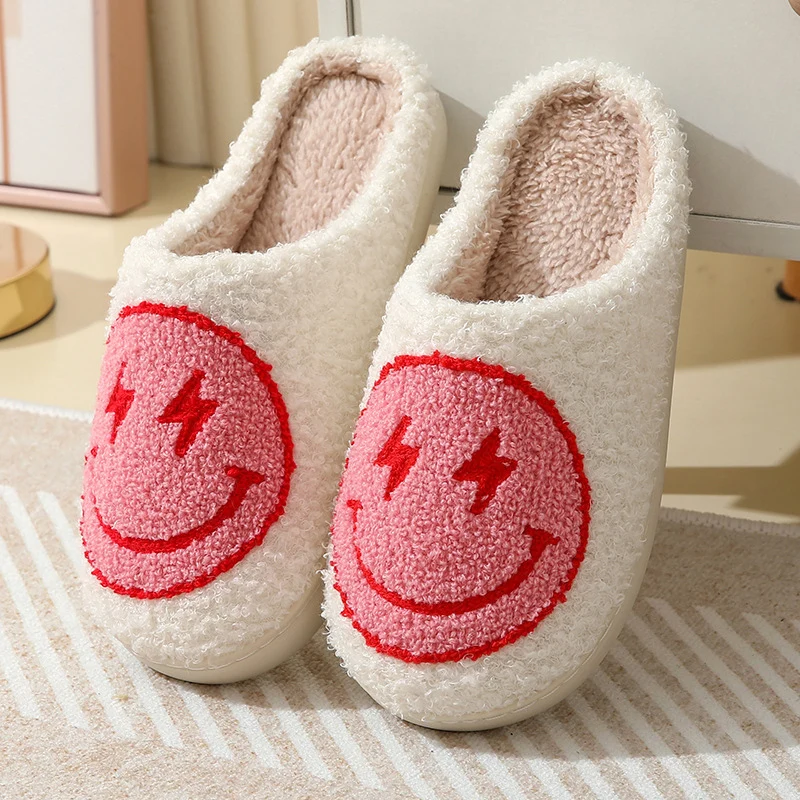Color: WHITE, Shoe Size: 45 - Leopard Print Winter Slippers Women Lightning Smile Face Fluffy Fur Slippers Woman Indoor Anti-slip Furry Couple Cotton Slides