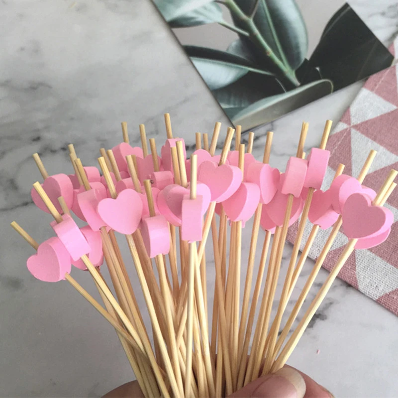 Color: Red - 100 Pack Of 12cm Love Fruit Skewers Disposable Platters Sushi Burgers Cocktails Snacks Bamboo Skewers