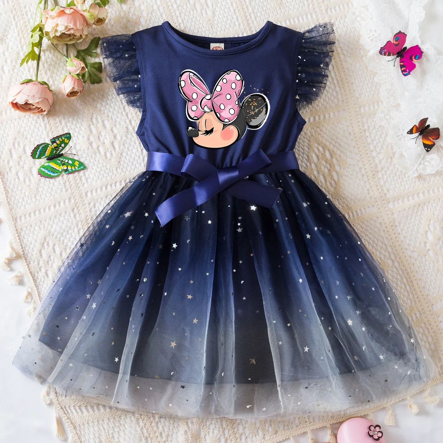Color: Burgundy, Size: XL - Mickey Minnie Mouse Girls Summer Clothes Flying Sleeves Bow Sequin Dress 2-6Y Kid Birthday Tutu Princess Dress for Baby Girl