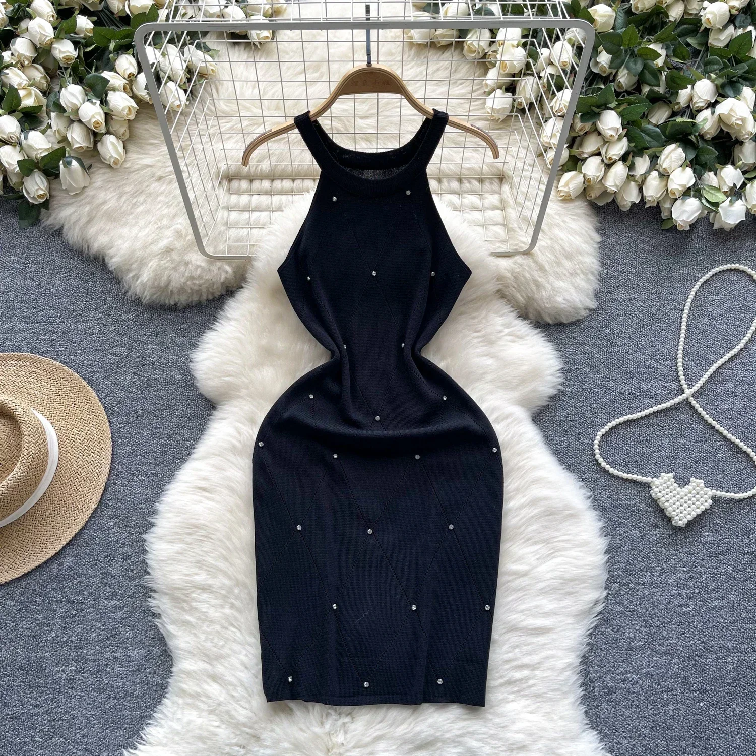 Color: Dark Purple, Size: One Size - Beading Halter Women's Knitting Sheath Tank Dress Female Bodycon Knitted Camisole Sleeveless Mini Dresses For Woman Outfits