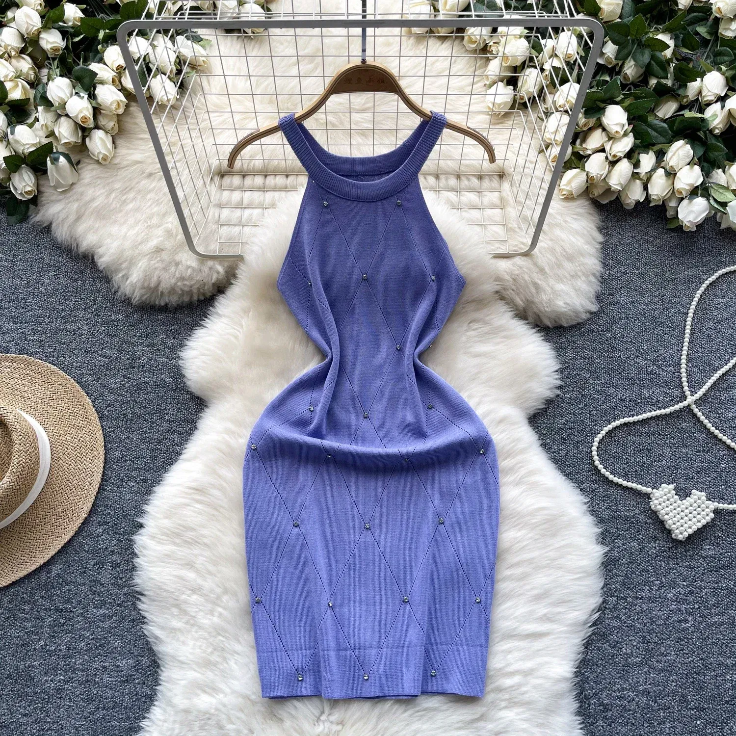 Color: Dark Purple, Size: One Size - Beading Halter Women's Knitting Sheath Tank Dress Female Bodycon Knitted Camisole Sleeveless Mini Dresses For Woman Outfits