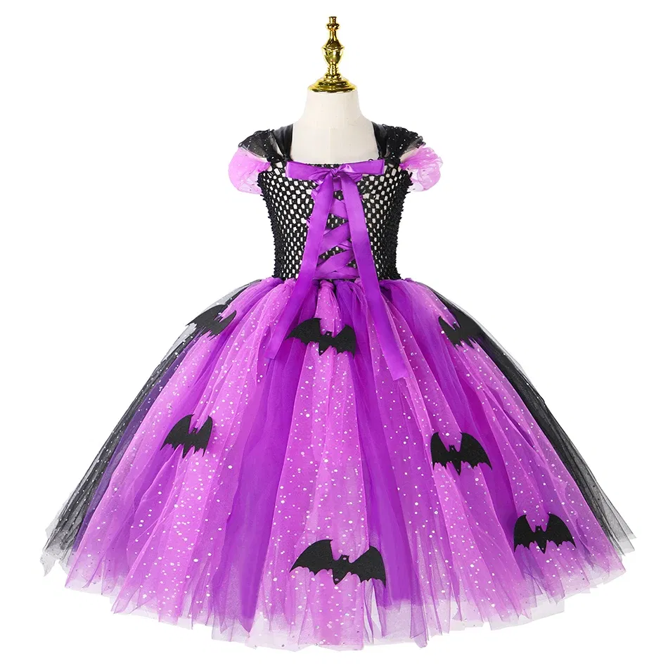 Color: Rose Red, Kid Size: 2T - Halloween Witch Tutu Dress for Girls Handmade Mesh Bat Wizard Cosplay Costumes with Hat Broom Toddler Evil Party Clothes Set