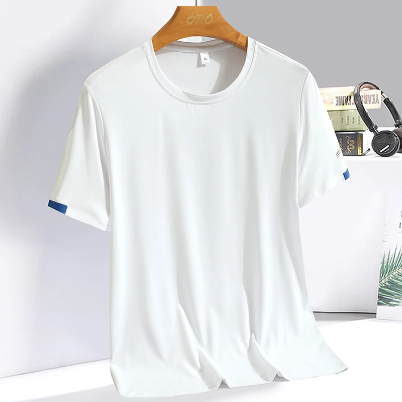 Color: Silver, Size: XL - Men's Silk Ice Round Collar T-shirt, Simple Running Fitness Suit, Breathable Thin T-shirt, Quick Dry T-shirt, Summer