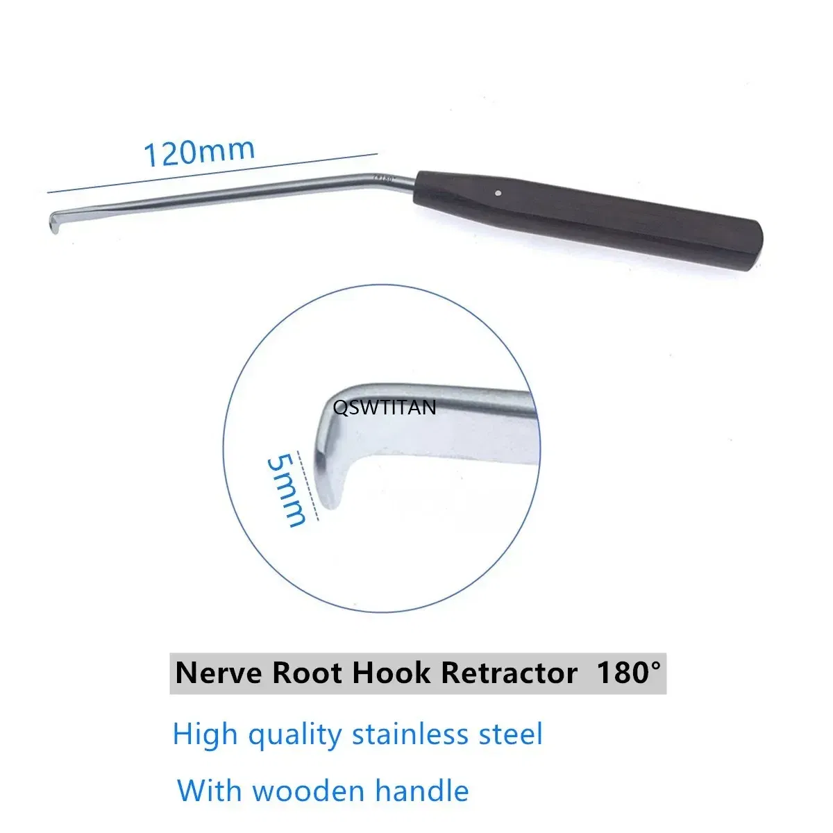 Color: black - Nerve Root Hook Retractor with wooden handle brain Bone Retractor Stainless Steel nerve pull hook
